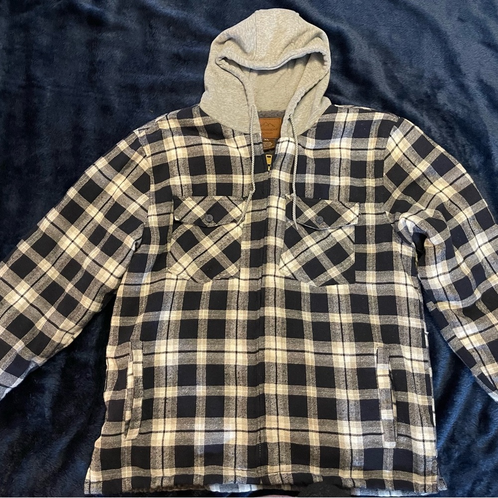 Mountain Ridge Mens Blue Plaid Sherpa Lined Hooded Flannel Jacket XL (bin c)
